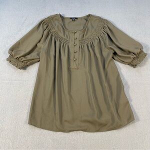 Express Women’s Olive Green Smocked Blouse with Button Accents, Puff Sleeves, XS